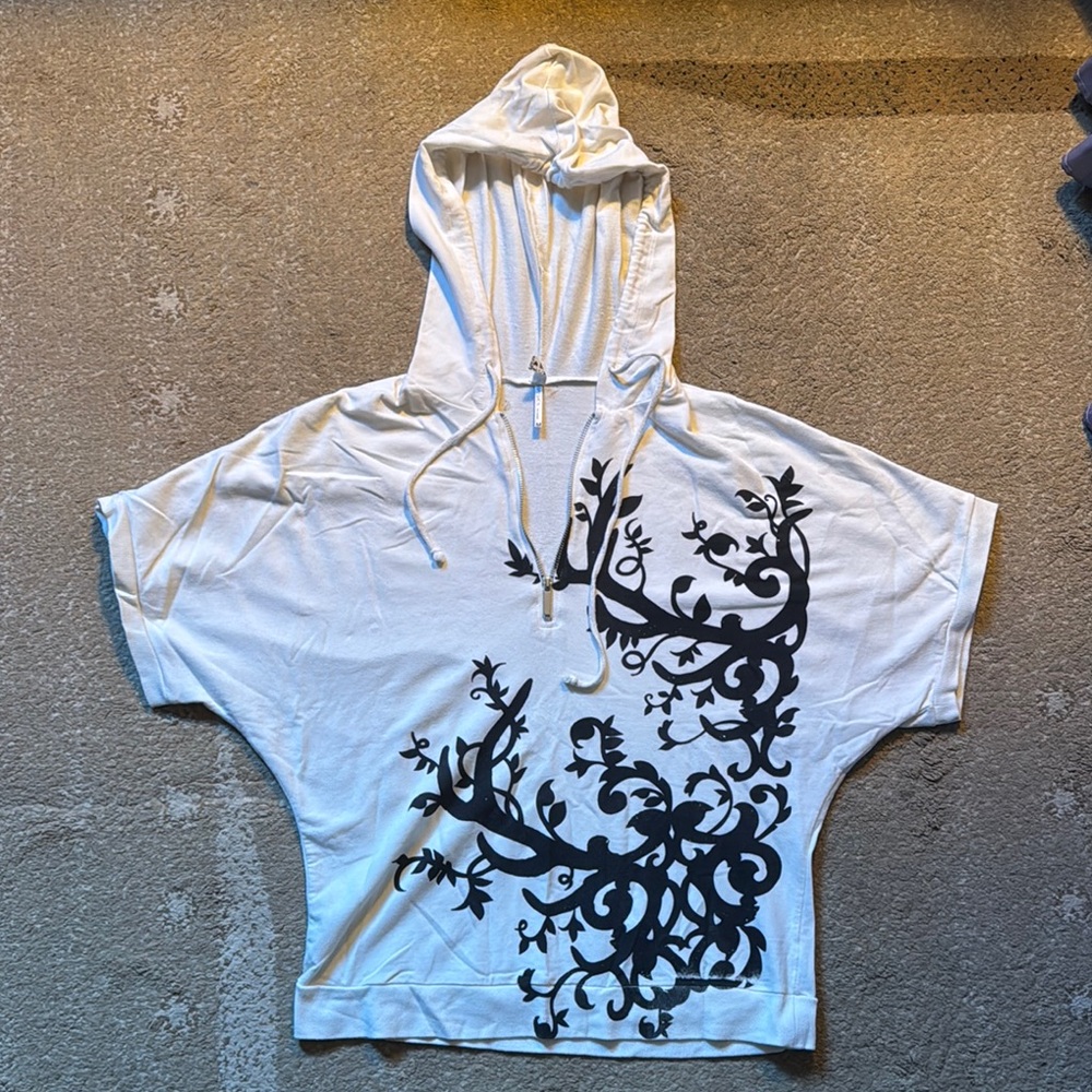 Fun Off White Hoodie with Handmade Black Floral Design